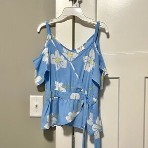 Sienna Sky Light Blue Floral Cold Shoulder Blouse